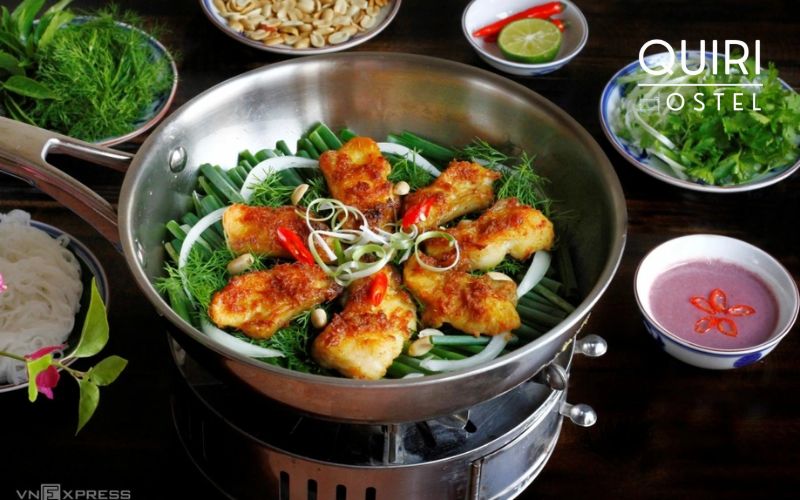 Cha ca is eaten with noodles, herbs, peanuts, and fermented shrimp paste.